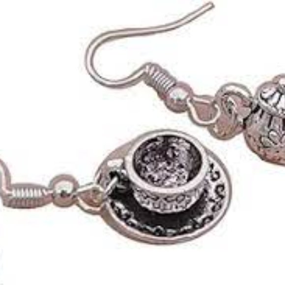 Vtg Inspired Retro Tea Kettle Tea Cup Pendant Earrings Rustic Silver Gift set - Picture 5 of 5